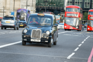 London Taxi Cab driving through the streets of London