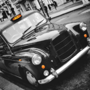 Old London Black cab in black and white